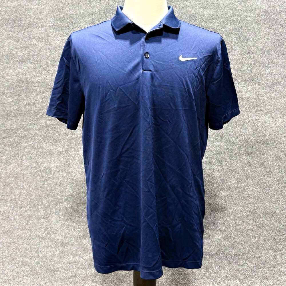 Nike Dri-FIT Polo Shirt Mens XL Navy Blue White Swoosh Golf Performance